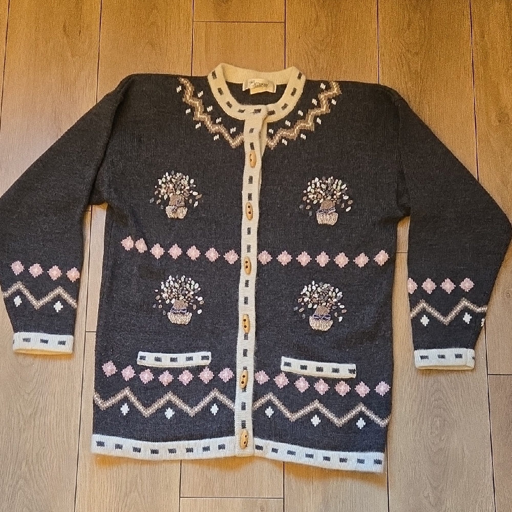 Vintage PUCCINI Decorated Wool Blend Cardigan Sz L